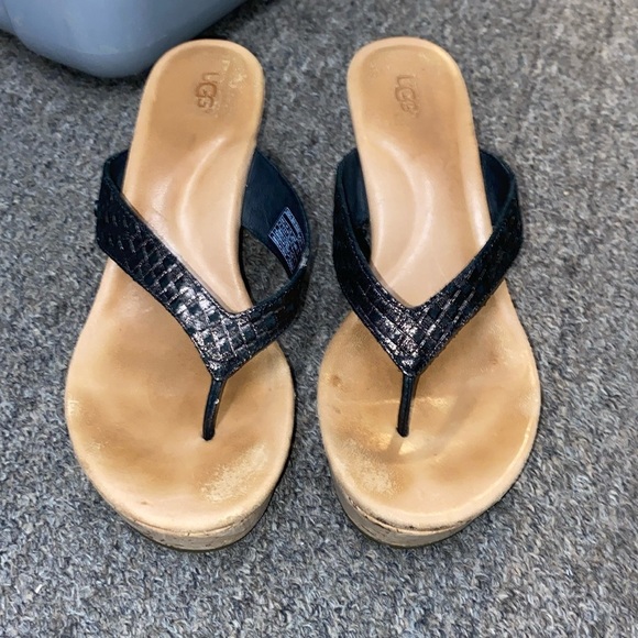 UGG Shoes - UGG Black and Tan Wedge Sandals